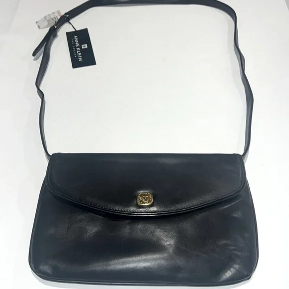 Anne Klein Vintage Black Leather Deadstock Crossbody Purse Gold Hardware - Picture 1 of 13
